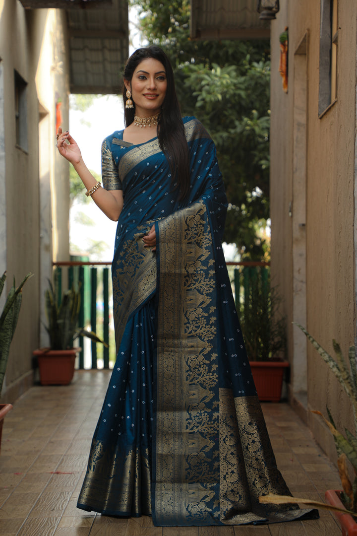 Blue Suvarna-3 Bandhej Kanjivaram silk saree And Kanjivaram Border with Zari Weaving Rich Pallu