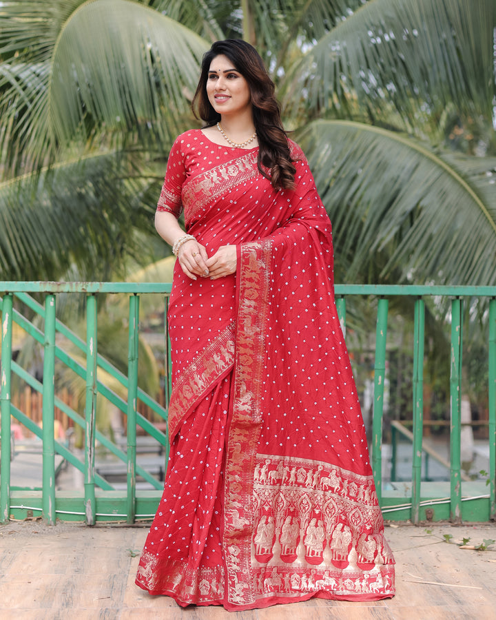 Red Mausami Pure Bandhej Silk Saree With Zari Weaving Border & Rich Pallu With Beautiful Design And Broad Border