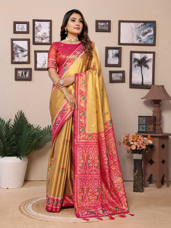 Yellow Surekha Banarasi Silk Saree With Contrast Patola Woven Borders & Pallu