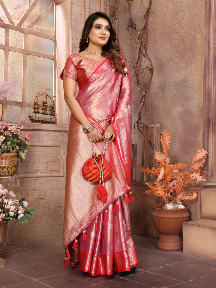Peach Anita Handloom Tissue Silk Sarees with Zari Weaving Designs and Zari borders Rich Pallu