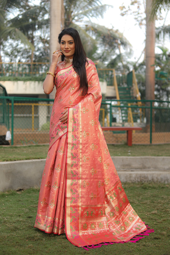 Peach Isha Organza Silk Sarees Ikkat Patola concept With Ikkat Patola weave pallu with tassels