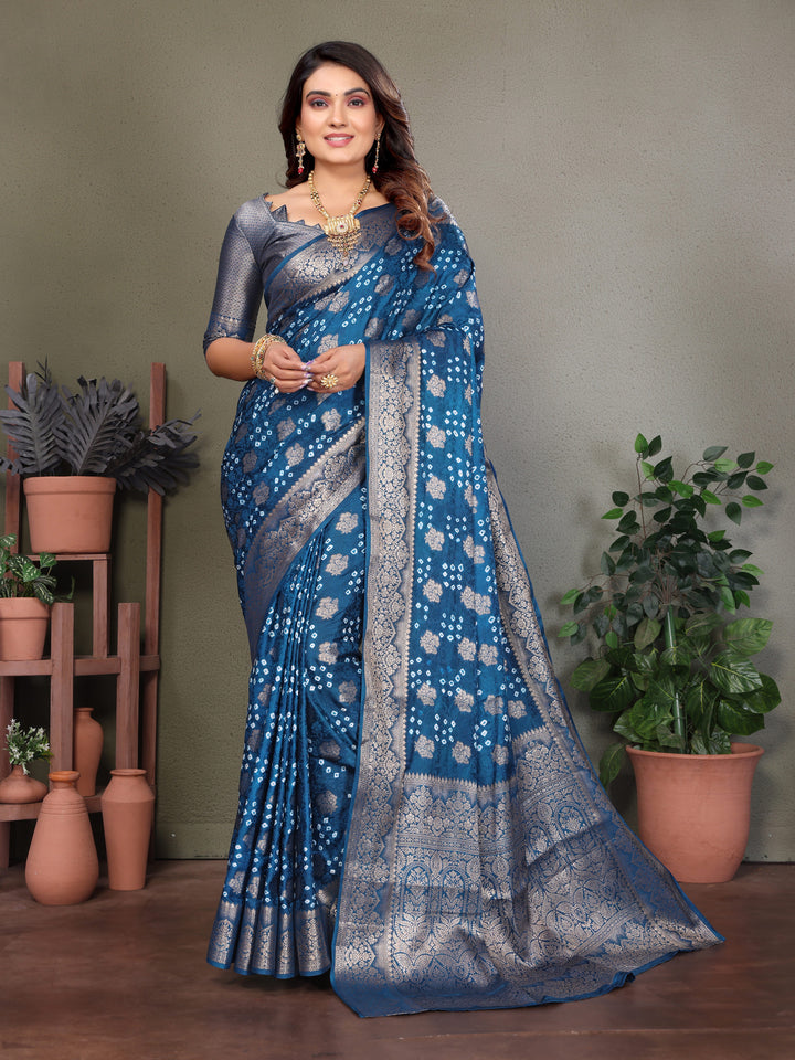 Sky Shakuntala Bandhej Silk Saree With Zari Weaving Butta & Zari Rich Pallu With Beautiful Design & Broad Border