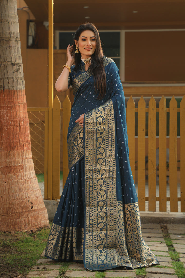 Navy Blue Toral Bandhej Kanjivaram Silk Saree Kanjivaram Border With Zari Weaving Rich Pallu