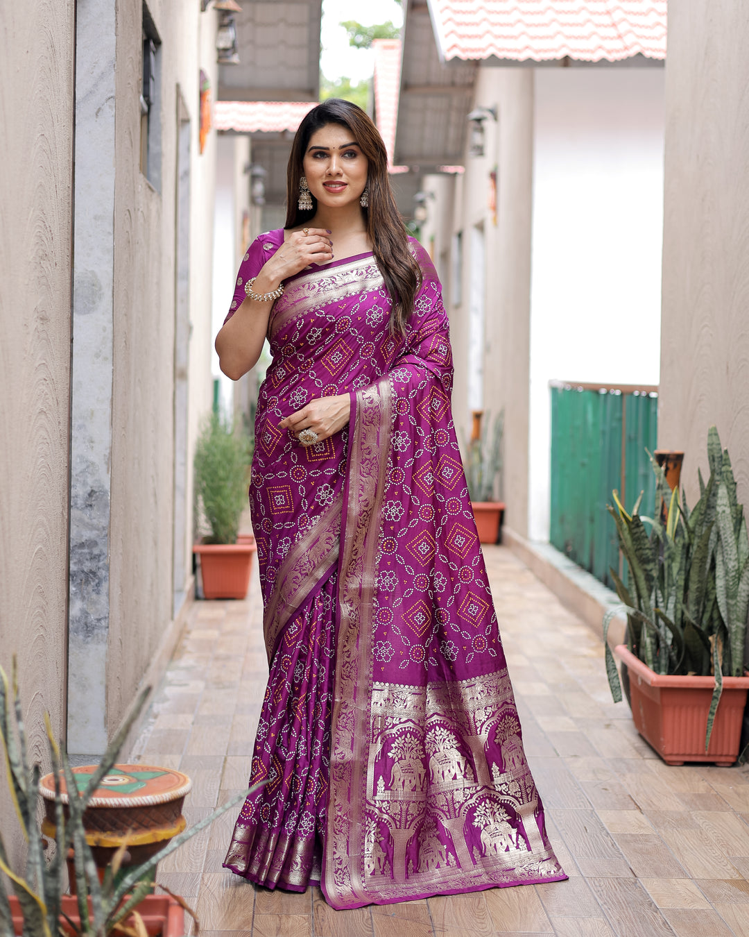 Purple Pushpavati Soft Dola Silk Bandhej Sarees With Kanchi Weaving Border With Multicolour Bandhej Block Print Design