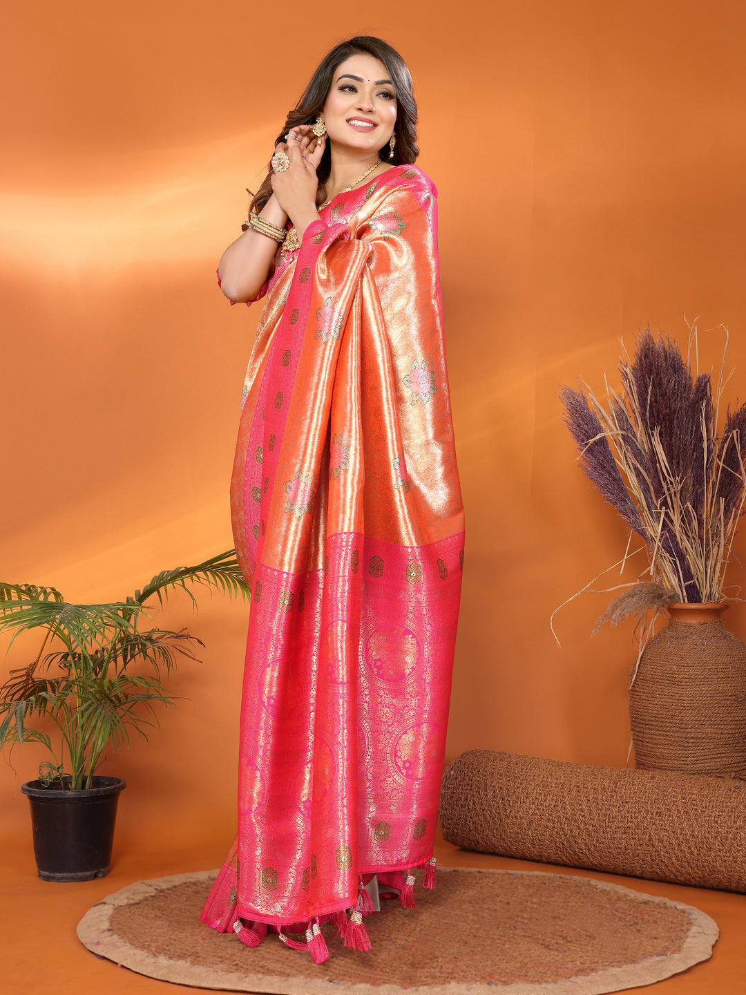 Peach Saroj Banarasi Silk Saree With Contrast Paithani Woven Borders & Pallu