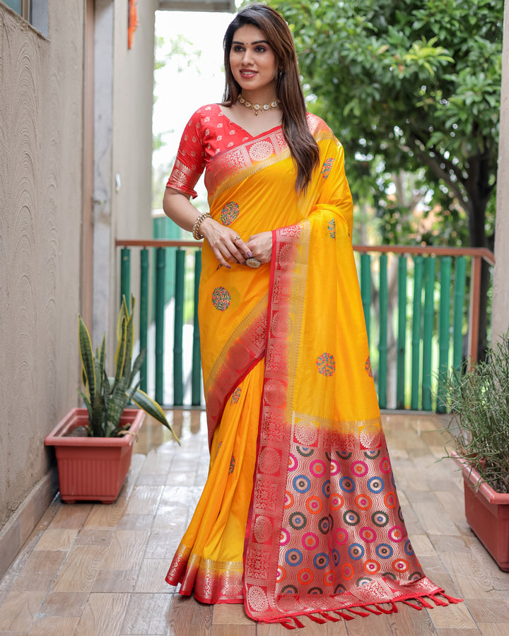 Yellow Kamlika Dola Silk With Unique Butta And Contrast Border & Rich Pallu