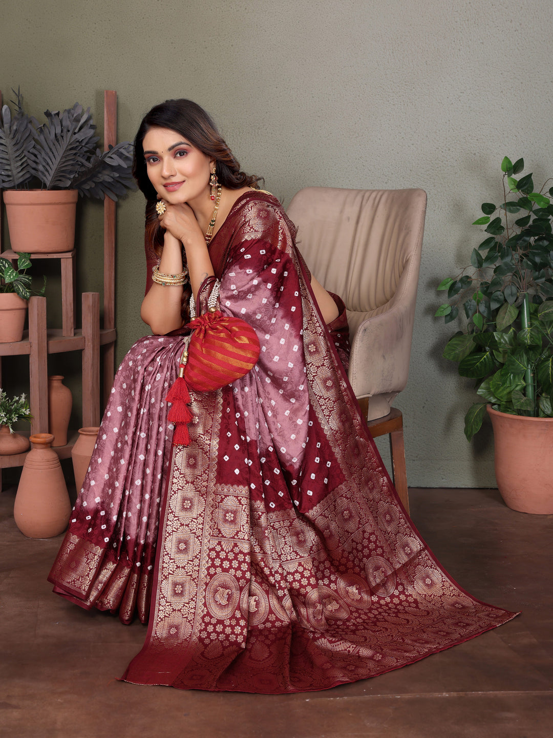 Light Pink Satyavati Bandhej Satin Silk Saree Made By Original Bandhej With Zari Weaving Border