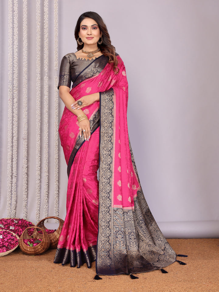Pink Sandhya Satin Silk Sarees With Butta Designs & Contrast Zari Woven Borders