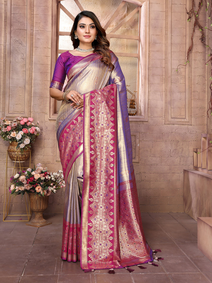 Purple Sundari Banarasi Tissue Silk Saree With Contrast Banarasi Woven Borders & Pallu