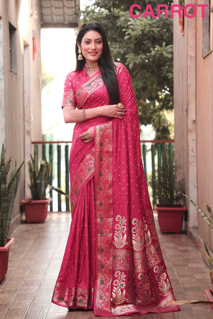 Carrot Nazakat Pure Bandhej Silk Saree With Patola Border Zari Weaving Paithani And Paithani Rich Pallu