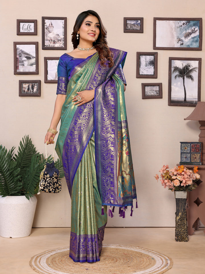 Green Vantara Banarasi Tissue Silk Saree With Contrast Paithani Woven Borders & Pallu