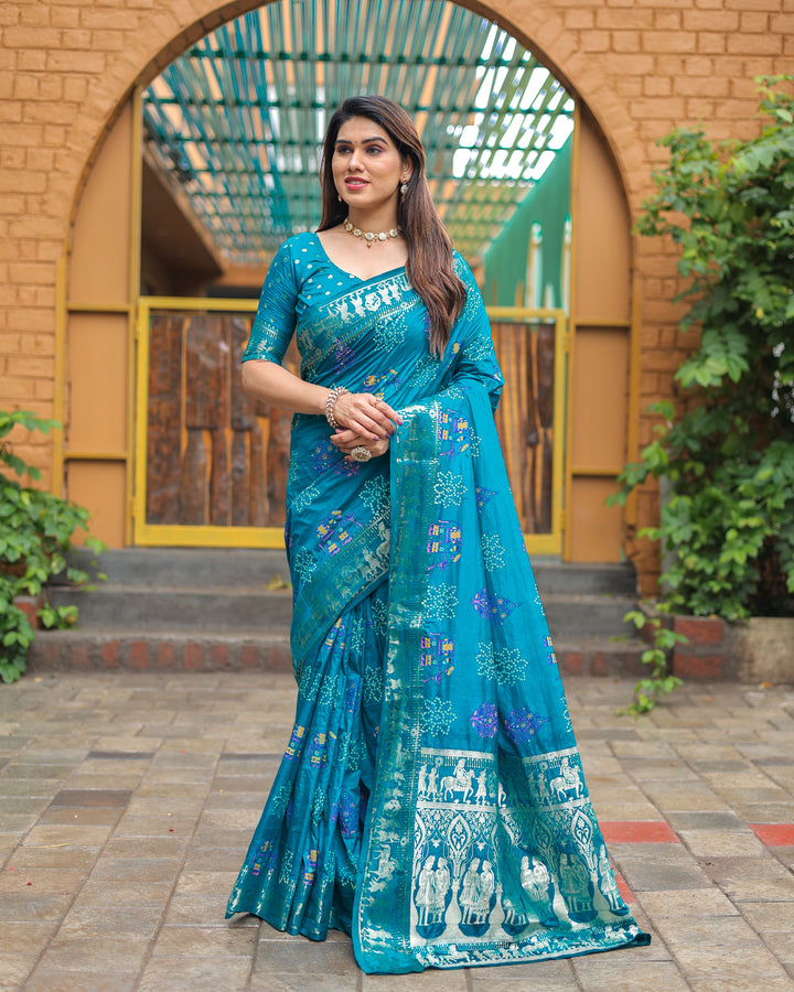 Sky Mastani Soft Dola Silk Bandhej Print Sarees With Kanchi Weaving Border And Allover Zari Border