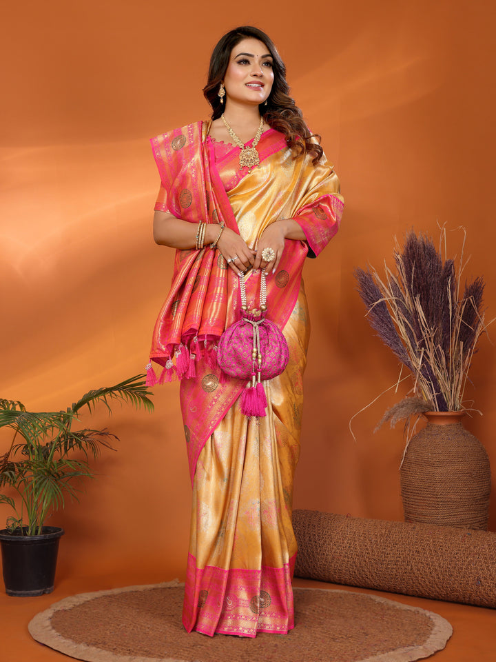 Yellow Sonali Banarasi Silk Saree With Contrast Paithani Woven Borders & Pallu