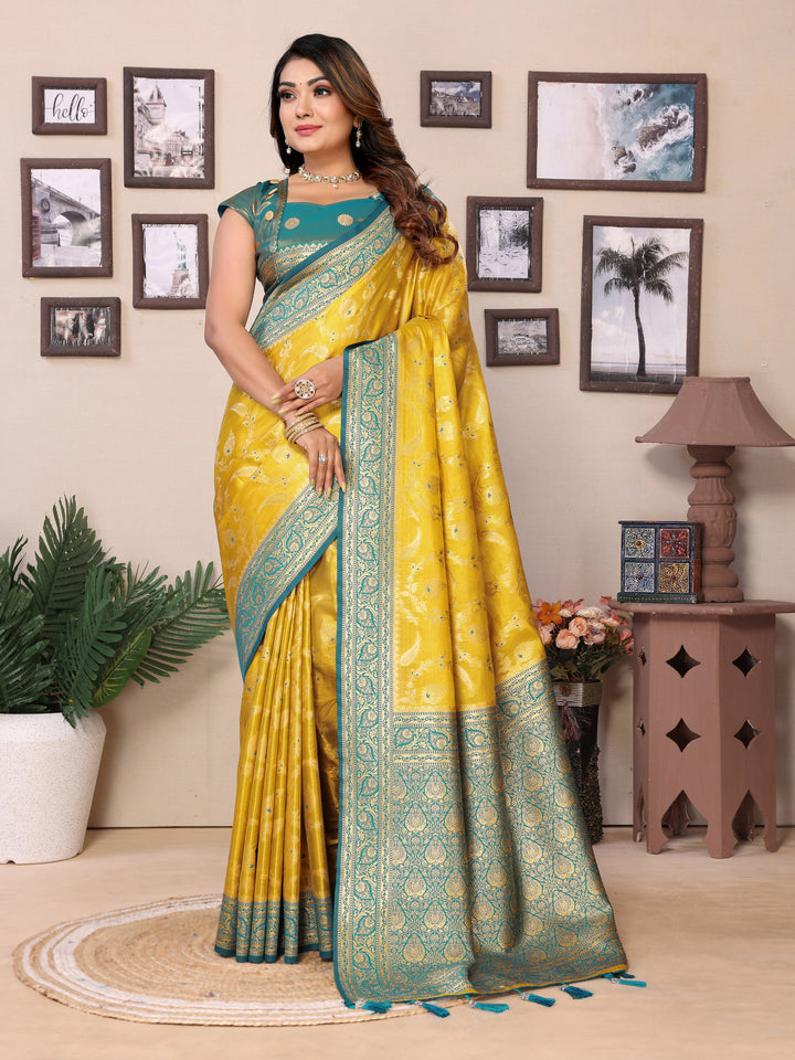 Yellow Hema pure Banarasi Tissues silk sarees Its soft and silky with Meenkari woven border