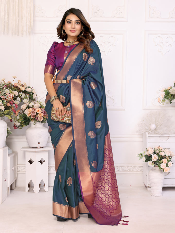 Blue Vardhman Lichi soft Silk sarees woven Butta concept & woven Zari borders both sides