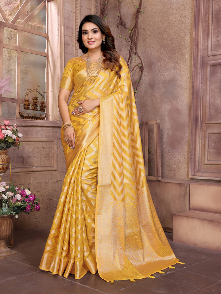 Yellow Dwija Soft Organza Silk Banarasi Saree With Unique Butta With Unique Colours