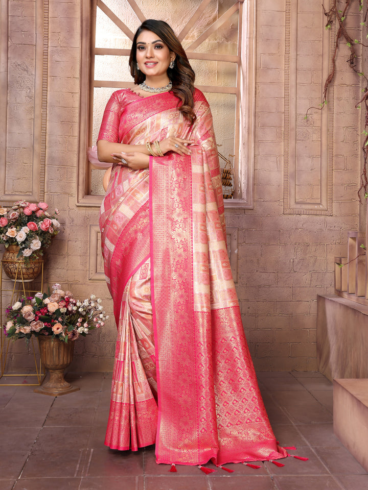 Peach Somya Banarasi Chaturi silk saree ,Jari weaving Border and Weaving rich pallu