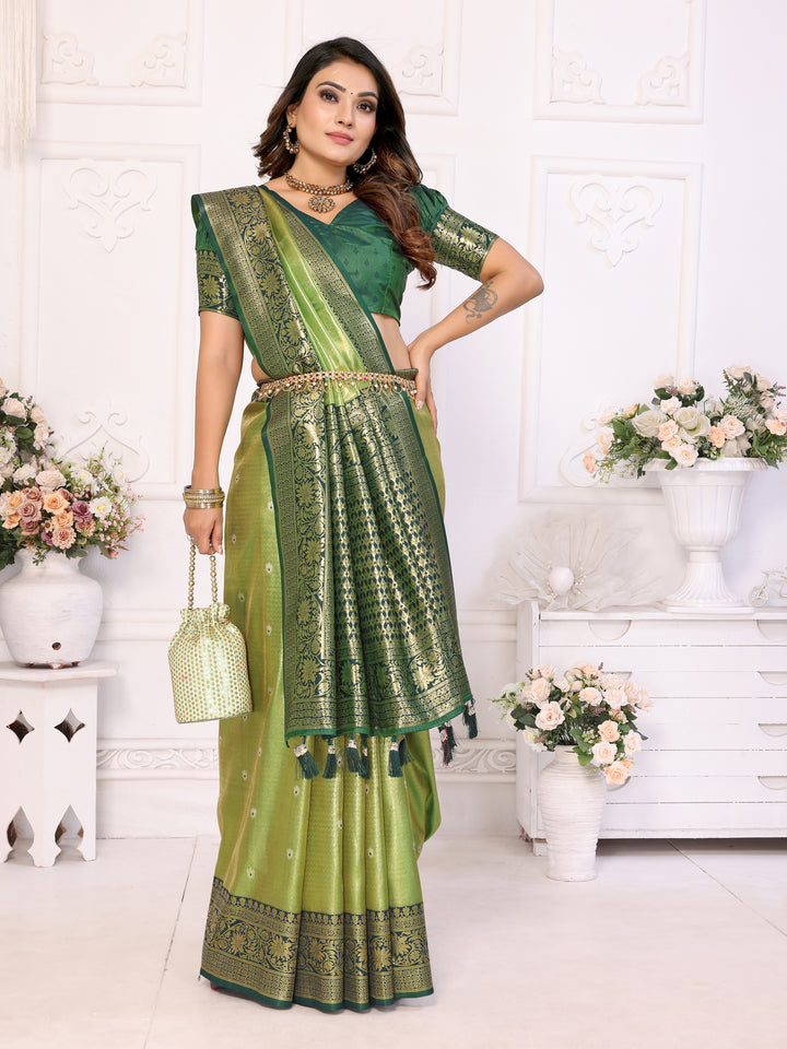 Green Eshwari Banarasi tissue silk  sarees with all over Butti contrast woven borders classic pallu