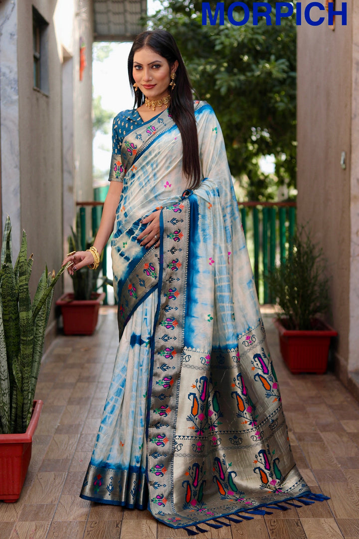 Morpich Poonam Sibori Print Paithani Silk Sarees With Gold Zari Paithani Border & Contrast Rich Pallu