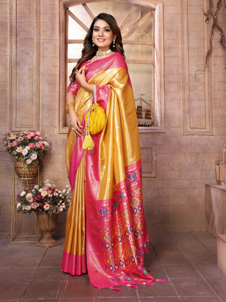 Yellow Vimala Banarasi Silk Saree With Contrast Paithani Woven Borders & Pallu