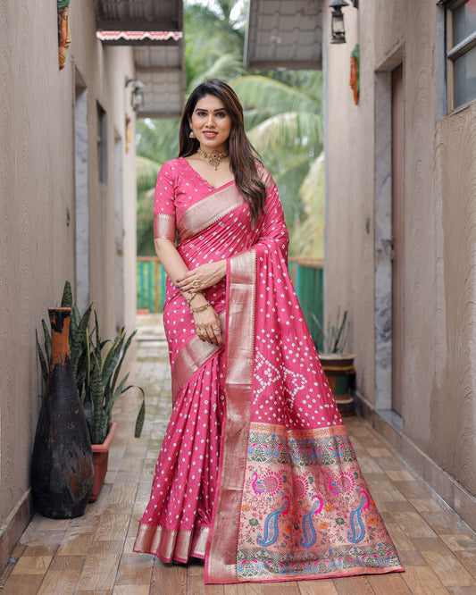 Pink Yashomati Dola Soft Silk Bandhej Sarees With Awesome Two Sides Jari Border &  Paithani Style Rich Pallu
