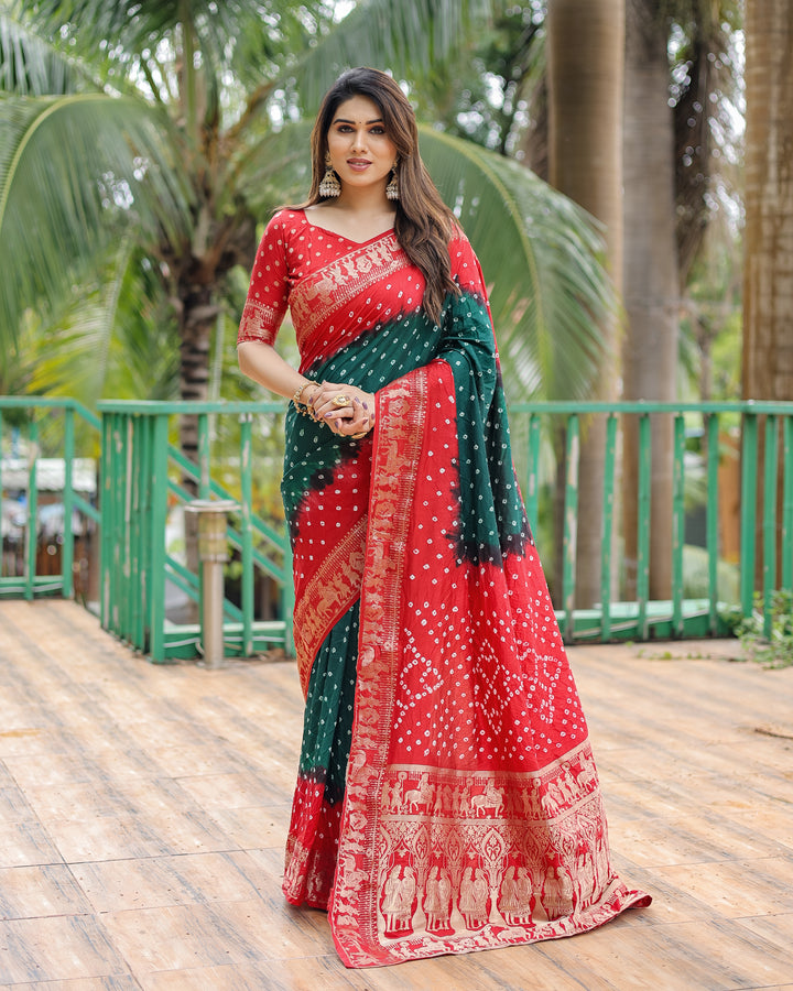 Green Vamika Pure Bandhej Silk Saree With Bandhej Border & Zari Weaving Rich Tissue Pallu