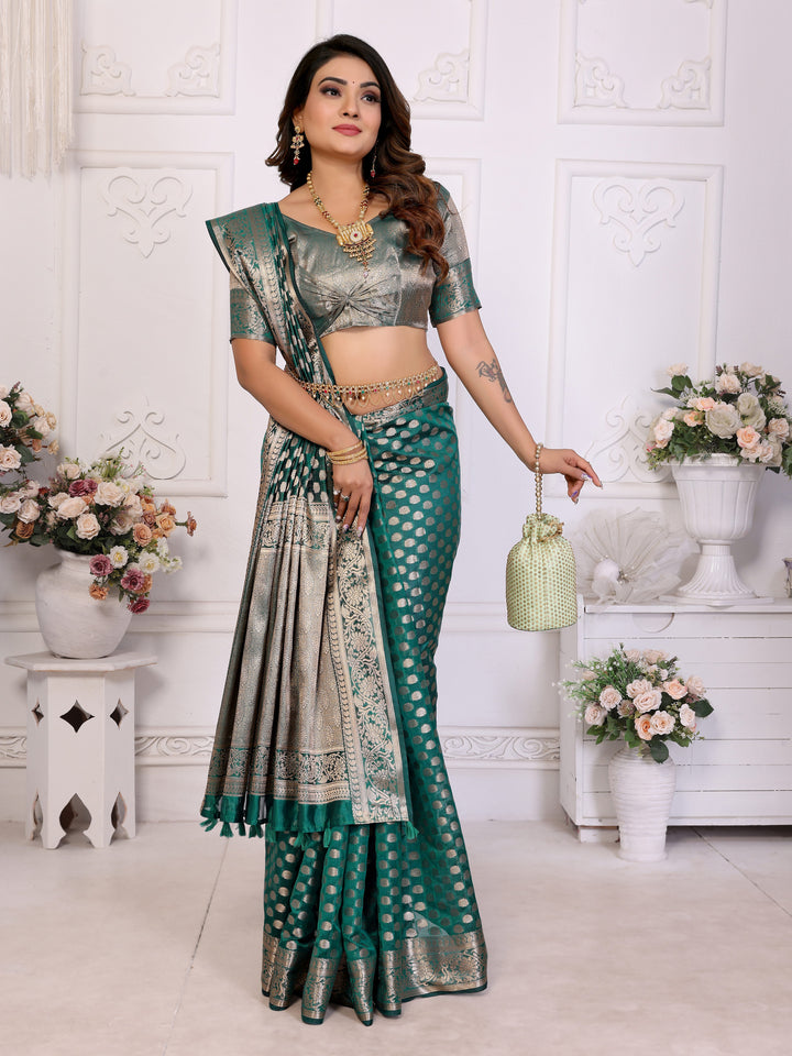 Rama-green Aruni Soft Organza Silk Banarasi Saree With Unique Butta With Unique Colours