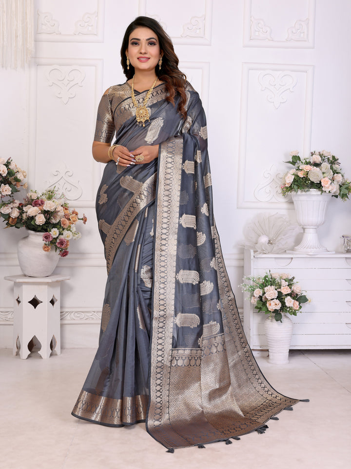 Gray Vanshika Soft Organza Silk Banarasi Saree With Unique Butta With Unique Colours