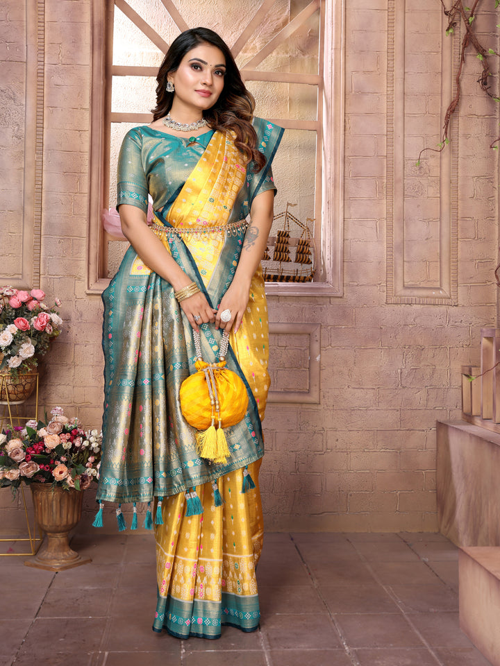Yellow Tarveni Banarasi Tissue Silk (Patola weaving) Saree With Contrast Patola Woven Borders & Pallu