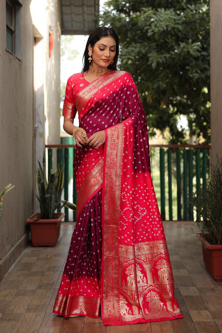 Maroon Vahini Pure Bandhej Silk Saree With Bandhej Border & Zari Weaving Rich Tissue Pallu
