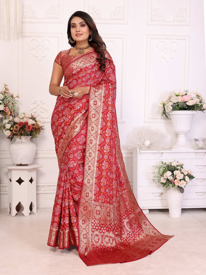 Maroon Samshira Soft Satin Silk Bandhej Print Saree With Zari Border Design And Having Rich Pallu