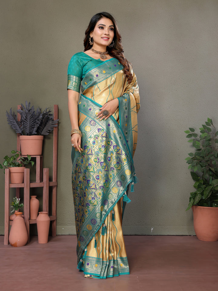 Yellow Vasant Banarasi Tissue Silk Saree With Laheriya Woven Borders & Contrast Banarasi Pallu