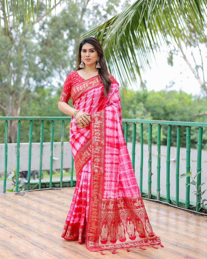 Pink Rangavelly Sibori Print Paithani Silk Sarees With Gold Zari Paithani Border & Contrast Rich Pallu