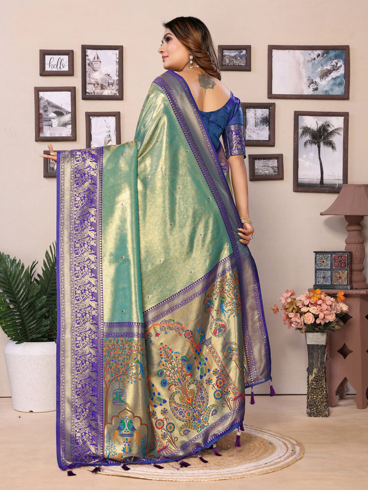 Green Vantara Banarasi Tissue Silk Saree With Contrast Paithani Woven Borders & Pallu