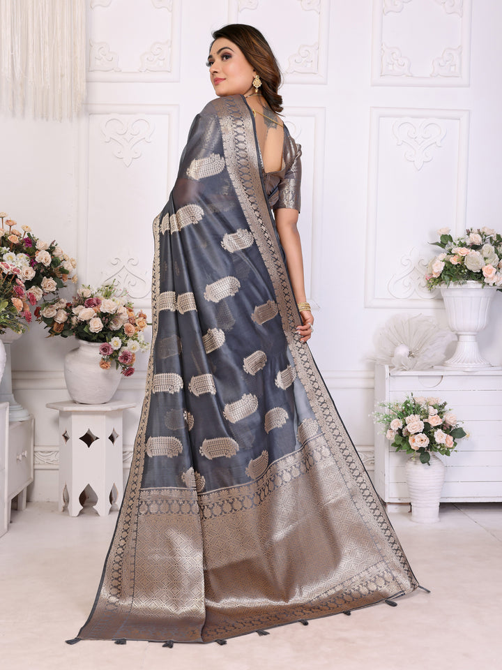 Gray Vanshika Soft Organza Silk Banarasi Saree With Unique Butta With Unique Colours