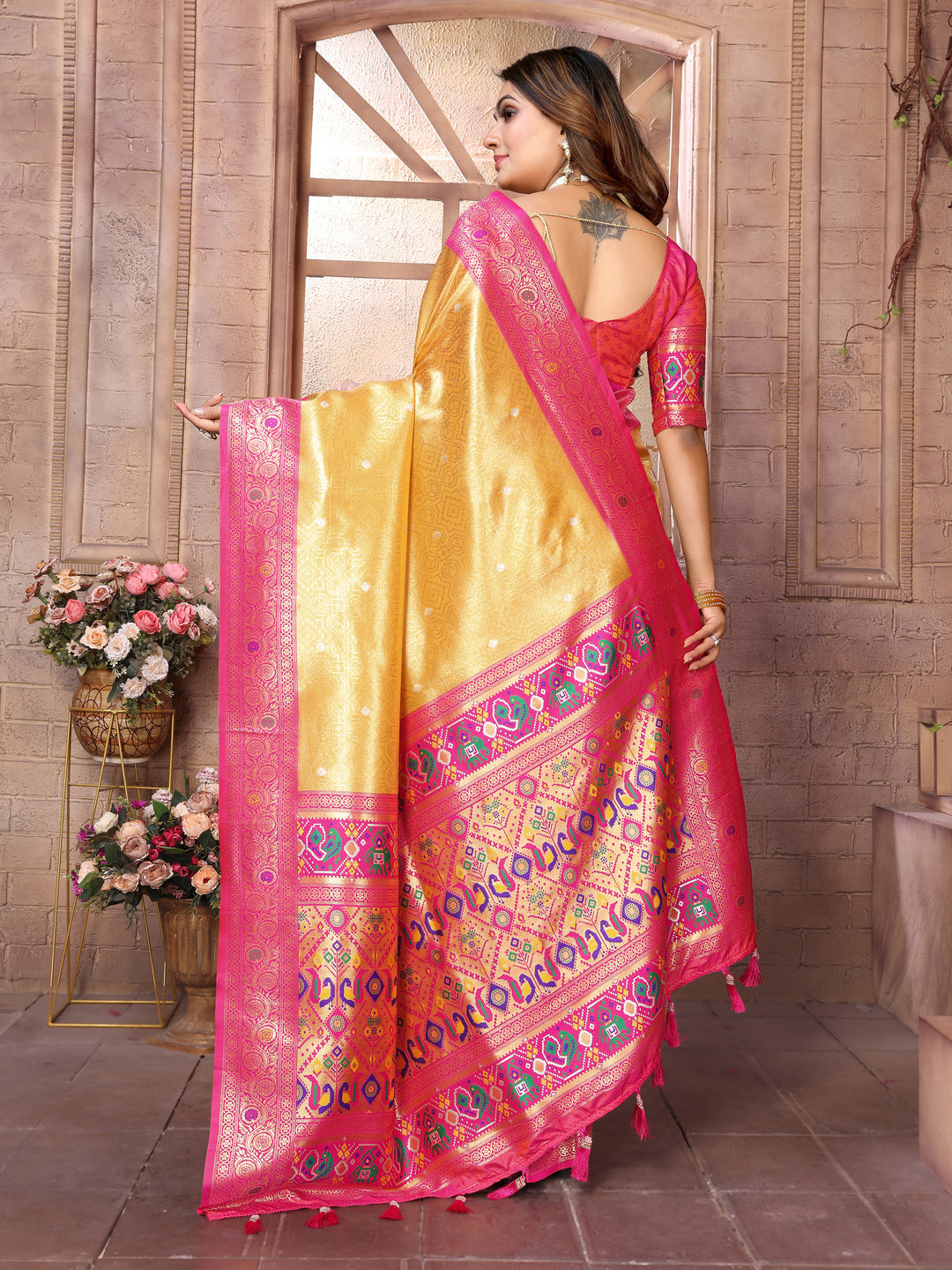 Yellow Vimala Banarasi Silk Saree With Contrast Paithani Woven Borders & Pallu