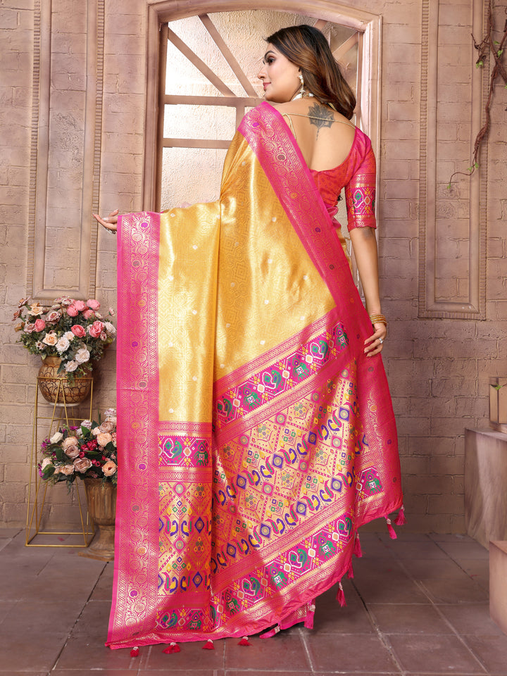 Yellow Vimala Banarasi Silk Saree With Contrast Paithani Woven Borders & Pallu