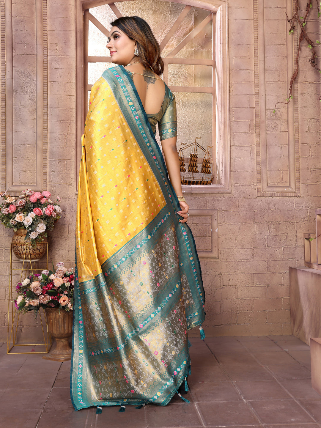 Yellow Tarveni Banarasi Tissue Silk (Patola weaving) Saree With Contrast Patola Woven Borders & Pallu