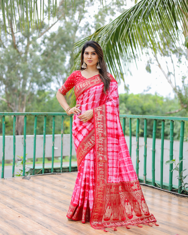 Pink Rangavelly Sibori Print Paithani Silk Sarees With Gold Zari Paithani Border & Contrast Rich Pallu