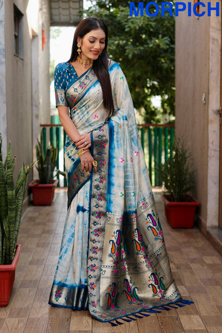 Morpich Poonam Sibori Print Paithani Silk Sarees With Gold Zari Paithani Border & Contrast Rich Pallu