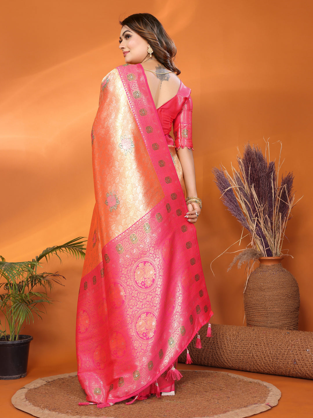 Peach Saroj Banarasi Silk Saree With Contrast Paithani Woven Borders & Pallu