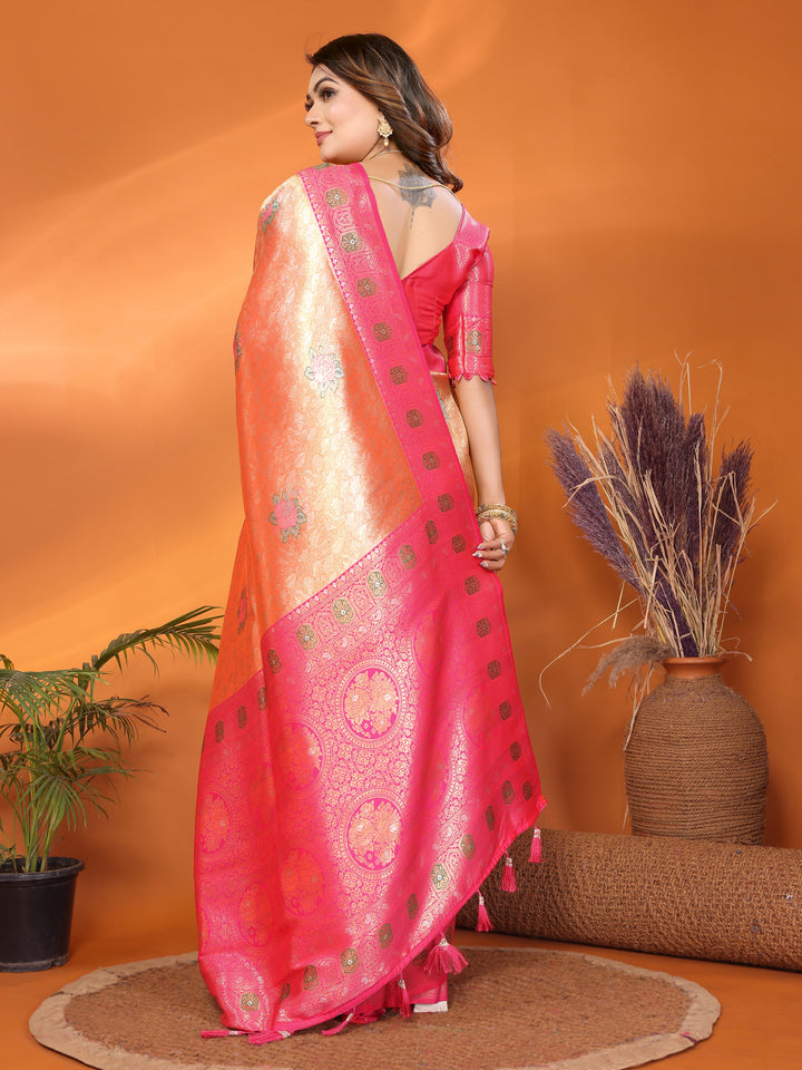Peach Saroj Banarasi Silk Saree With Contrast Paithani Woven Borders & Pallu
