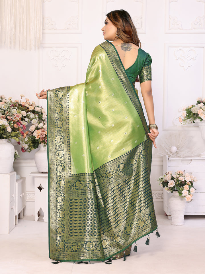 Green Eshwari Banarasi tissue silk  sarees with all over Butti contrast woven borders classic pallu