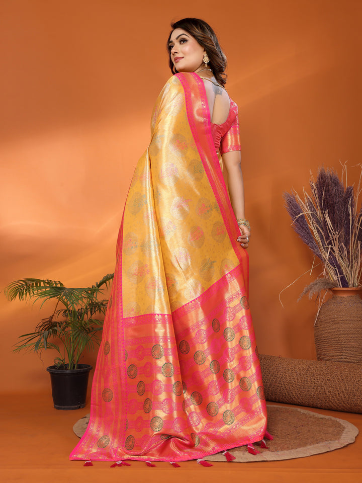Yellow Sonali Banarasi Silk Saree With Contrast Paithani Woven Borders & Pallu