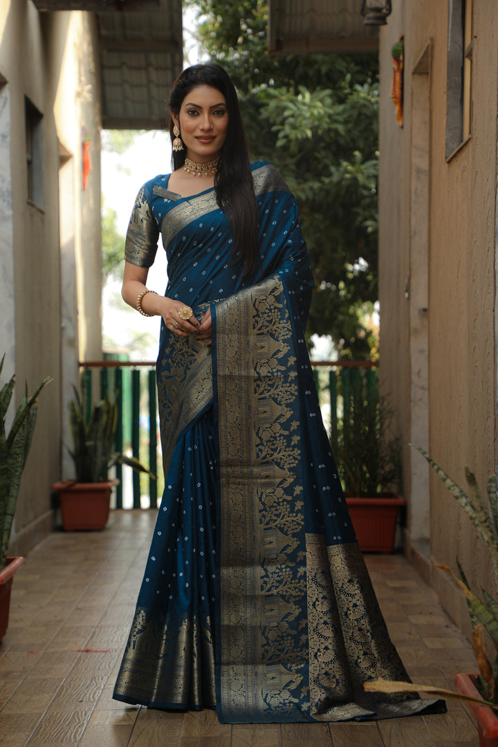 Blue Suvarna-3 Bandhej Kanjivaram silk saree And Kanjivaram Border with Zari Weaving Rich Pallu