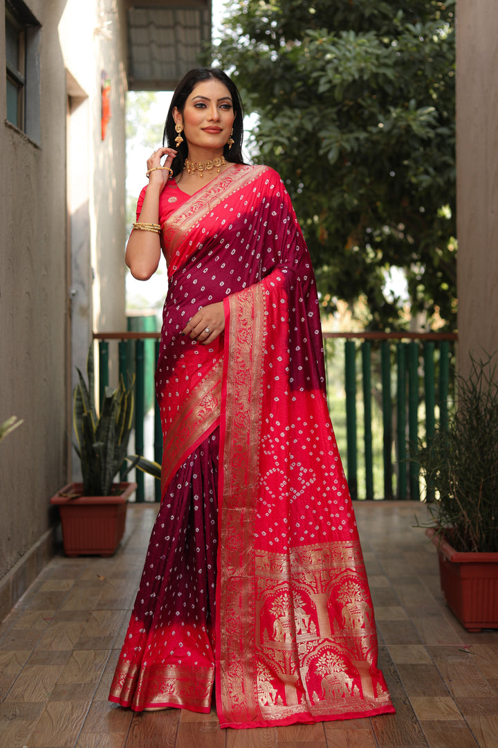 Maroon Vahini Pure Bandhej Silk Saree With Bandhej Border & Zari Weaving Rich Tissue Pallu