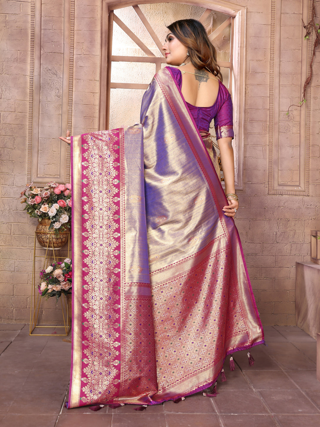 Purple Sundari Banarasi Tissue Silk Saree With Contrast Banarasi Woven Borders & Pallu