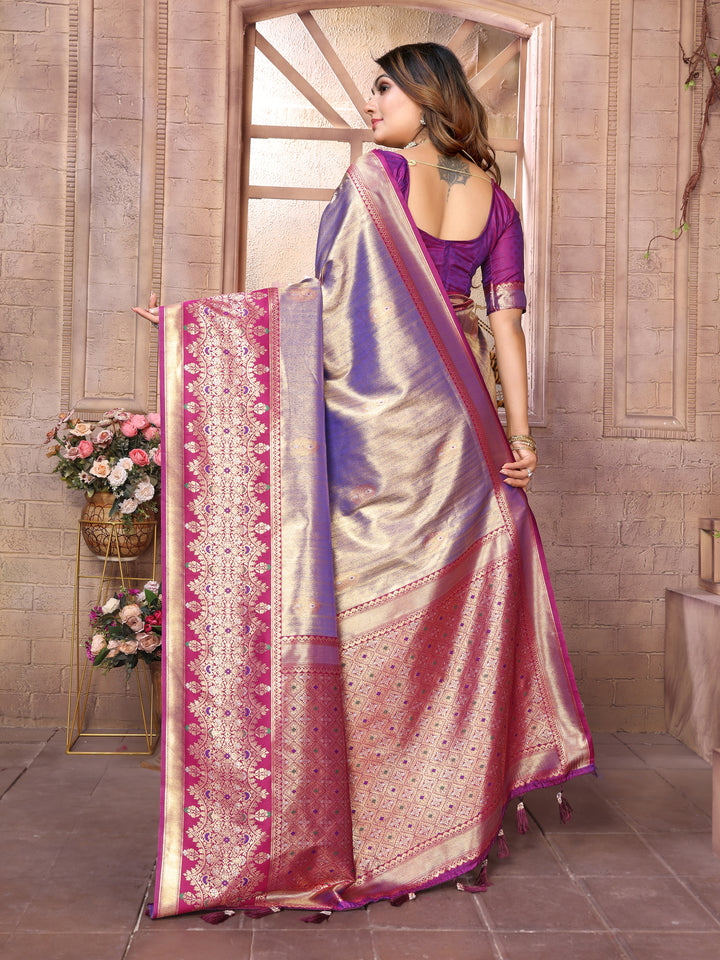 Purple Sundari Banarasi Tissue Silk Saree With Contrast Banarasi Woven Borders & Pallu
