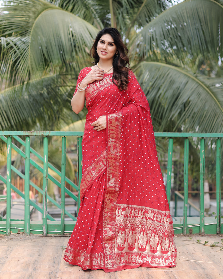 Red Mausami Pure Bandhej Silk Saree With Zari Weaving Border & Rich Pallu With Beautiful Design And Broad Border