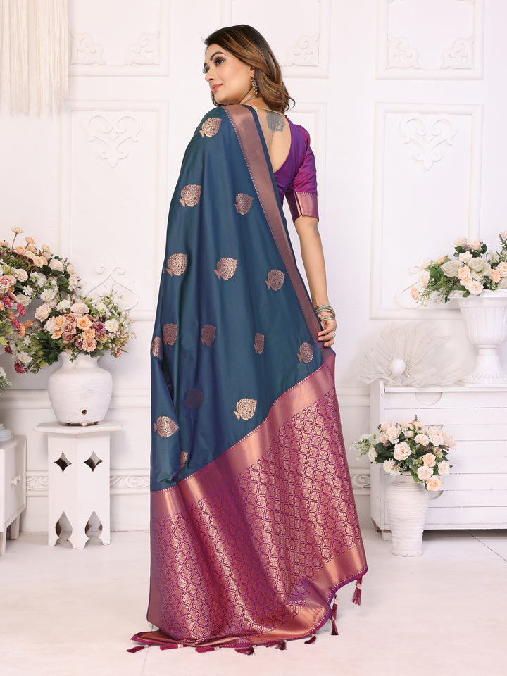 Blue Vardhman Lichi soft Silk sarees woven Butta concept & woven Zari borders both sides